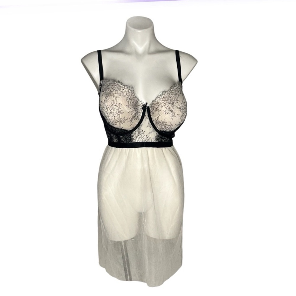 CACIQUE Babydoll Slip Dress Black Cream Lace Padded Sheer Skirt Size 42 DD